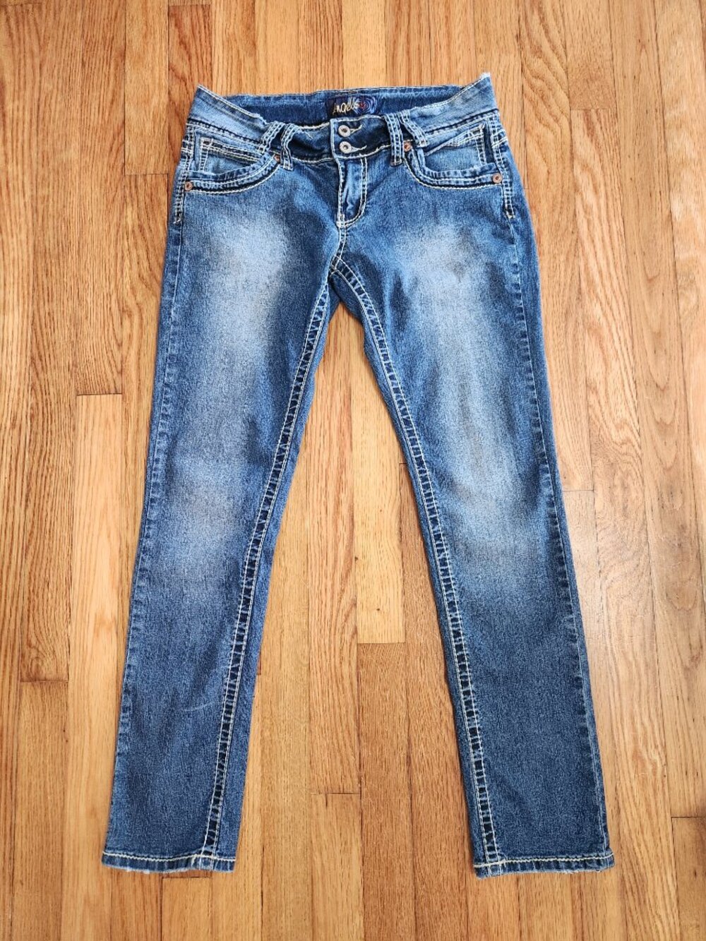 Angels Low Rise Double Button Slim Straight Jeans Y2K Stitching Wash